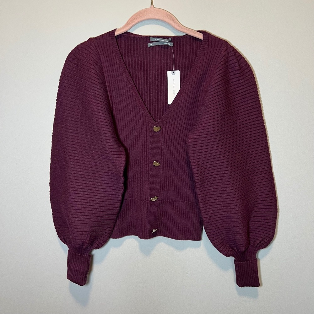 Anthropologie Ribbed Heart Button Cardigan Plum Puff Sleeve‎ Sweater XS NWT - Picture 2 of 12